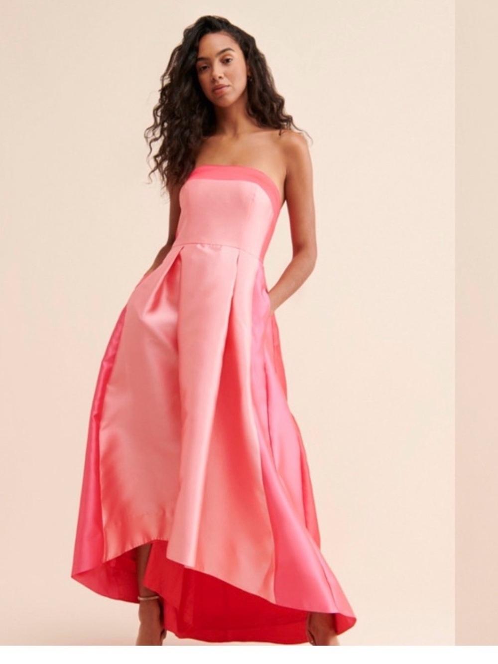 Hutch Strapless Coral-Pink Satin High-Low Gown